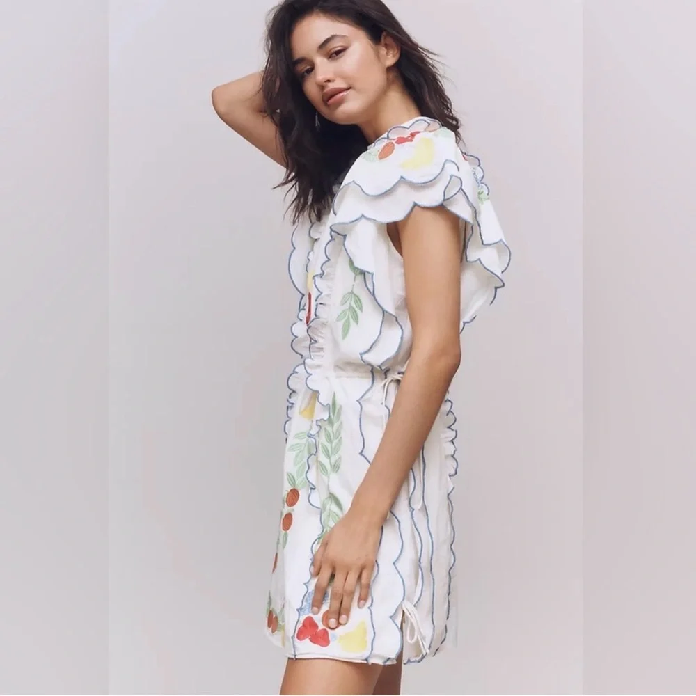 Farm Rio Anthropologie Garden Southern Cute Embroidered Cream Fruit Fern Dress S - Picture 12 of 13
